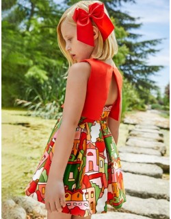 Vestido niña crepe combinado color Rojo